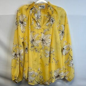 BUCKETLIST Floral Yellow Blouse Flowy V-Neck Top Size M